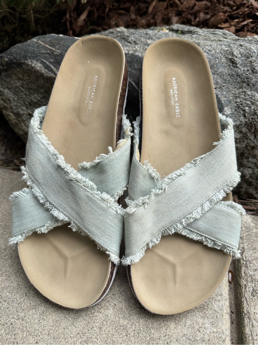 American Eagle Women's Frayed Cross-Band Slide Sandals blue 10 EUC - Picture 3 of 6
